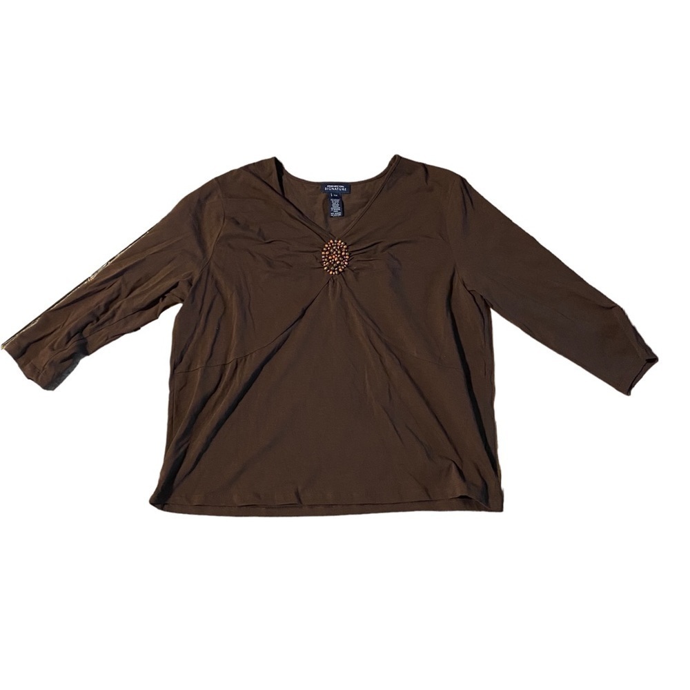 Jones NY Women’s Plus Size 2X Brown 3/4 Sleeve Top Beaded Accent V Neck Stretch